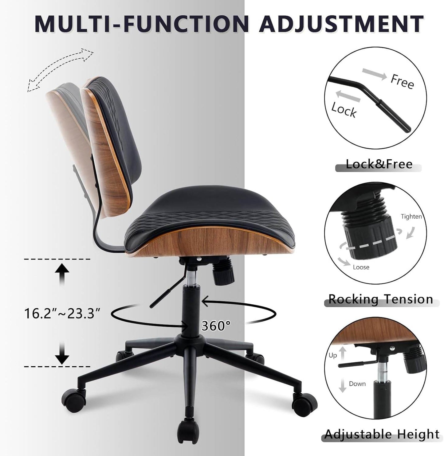 Home Office Chair No Arms with Wheels (Black) - Loft&Timber