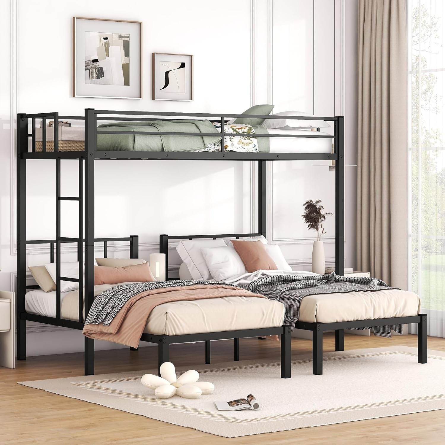 Twin over Twin over Twin Triple Bunk Bed for Kids,3 Bed Bunk Beds for 3,Metal Triple Bunk Beds with Built-In Desk,Separates into 3 Twin Beds,Noise Reduced Structure,Black - Loft&Timber