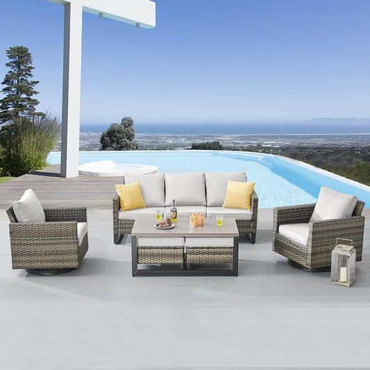 6 Piece Outdoor Furniture Patio Wicker Sofa Set, Oversize Outdoor Swivel Rocker Chairs with Rattan Ottomans, Conversation Sets Patio Furniture Come with Removable Washable Cushion - Loft&Timber