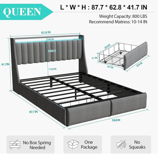 Queen Bed Frame with 2 Storage Drawers, Platform Bed Frame Queen Size with LED Light in Gray - Loft&Timber