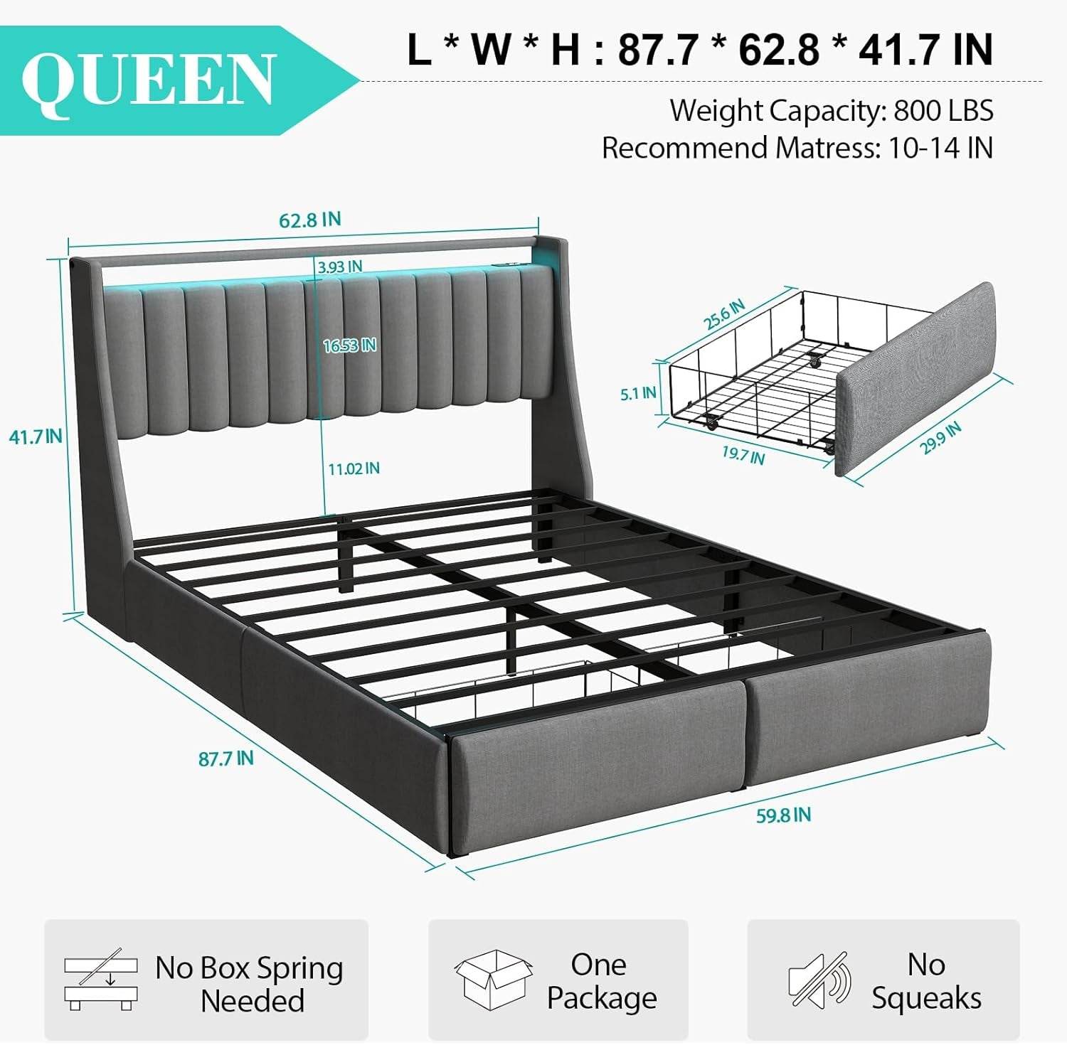 Queen Bed Frame with 2 Storage Drawers, Platform Bed Frame Queen Size with LED Light in Gray - Loft&Timber