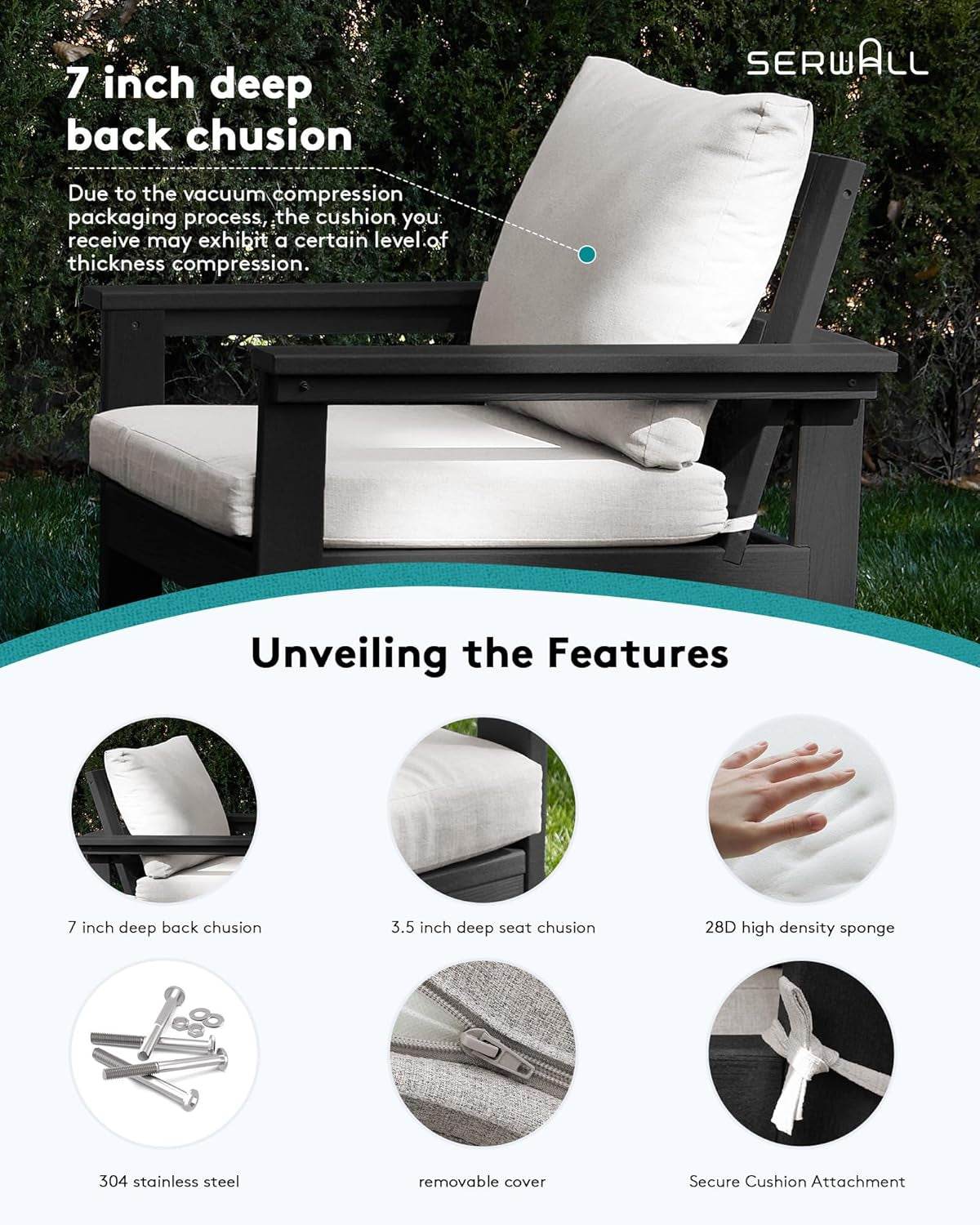 HDPE Outdoor Patio Furniture Set, 7-Piece Outdoor Sectional Patio Conversation Set, All Weather Outdoor Couch Set Patio Sofa Set for Deck, Lawn, Black Frame with Khaki Cushion - Loft&Timber