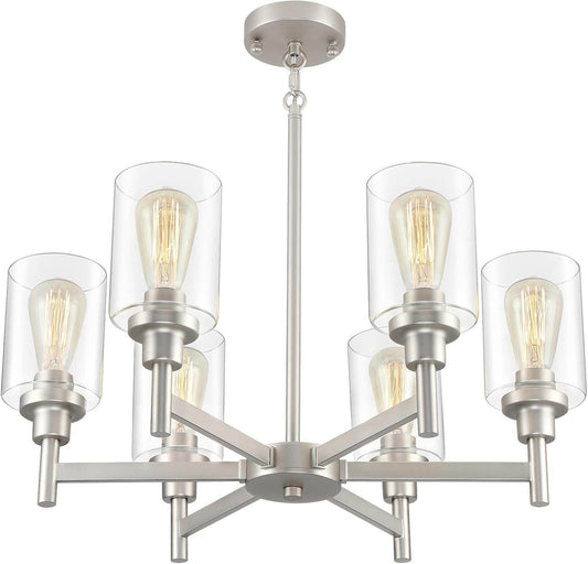 Brushed Nickel Chandeliers for Dining Room Light Fixture over Table, 6 Lights Farmhouse Chandeliers with Clear Glass Shade Chandelier for Living Room Kitchen Entryway Bedroom Bathroom - Loft&Timber