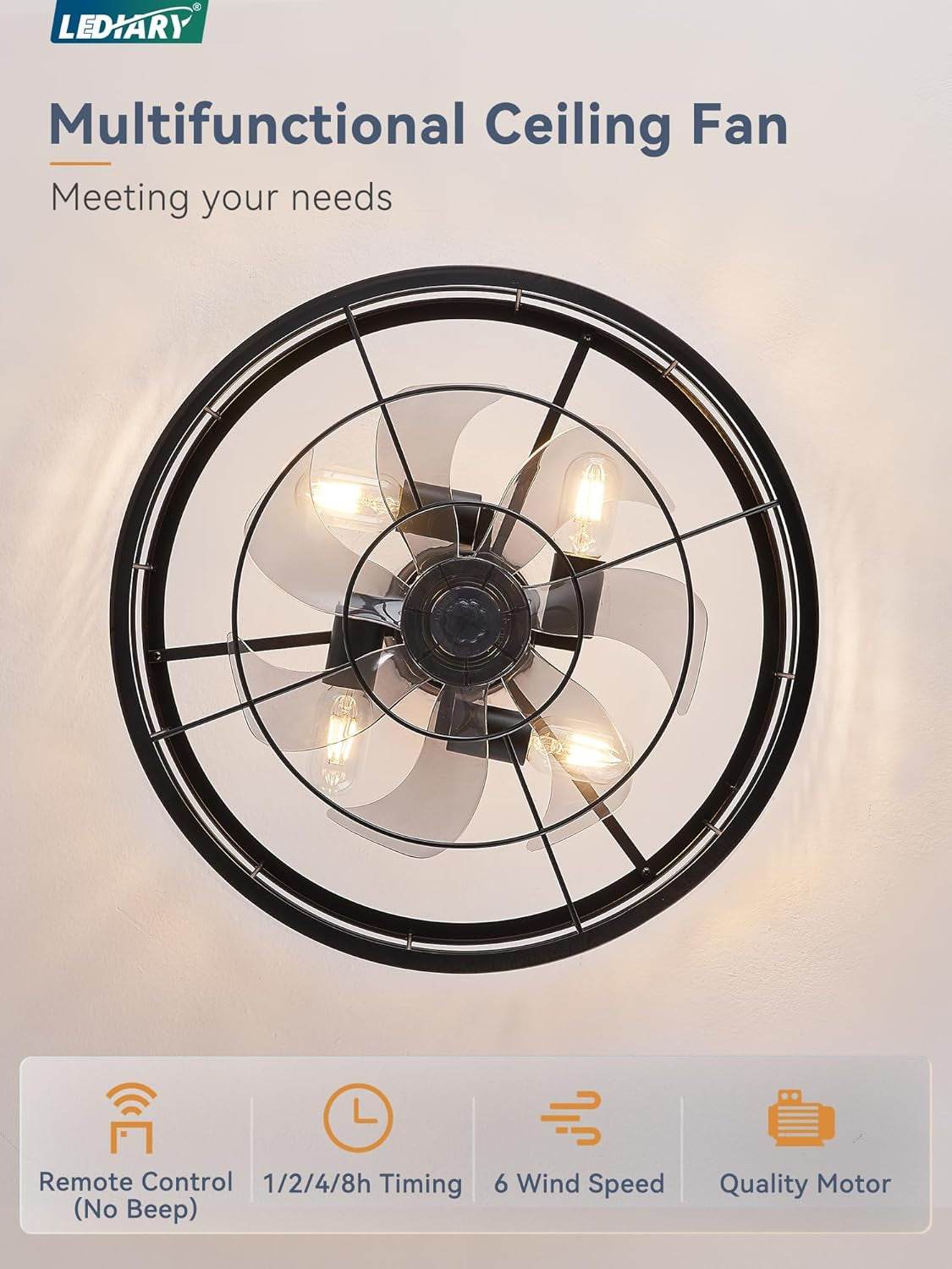 20 Inch Fandelier Caged Ceiling Fan with Light, Bladeless Ceiling Fan with Remote, Farmhouse Fan Lights Ceiling Fixtures for Kitchen, Bedroom, Outdoor(6 Speed, Timing)-Black - Loft&Timber