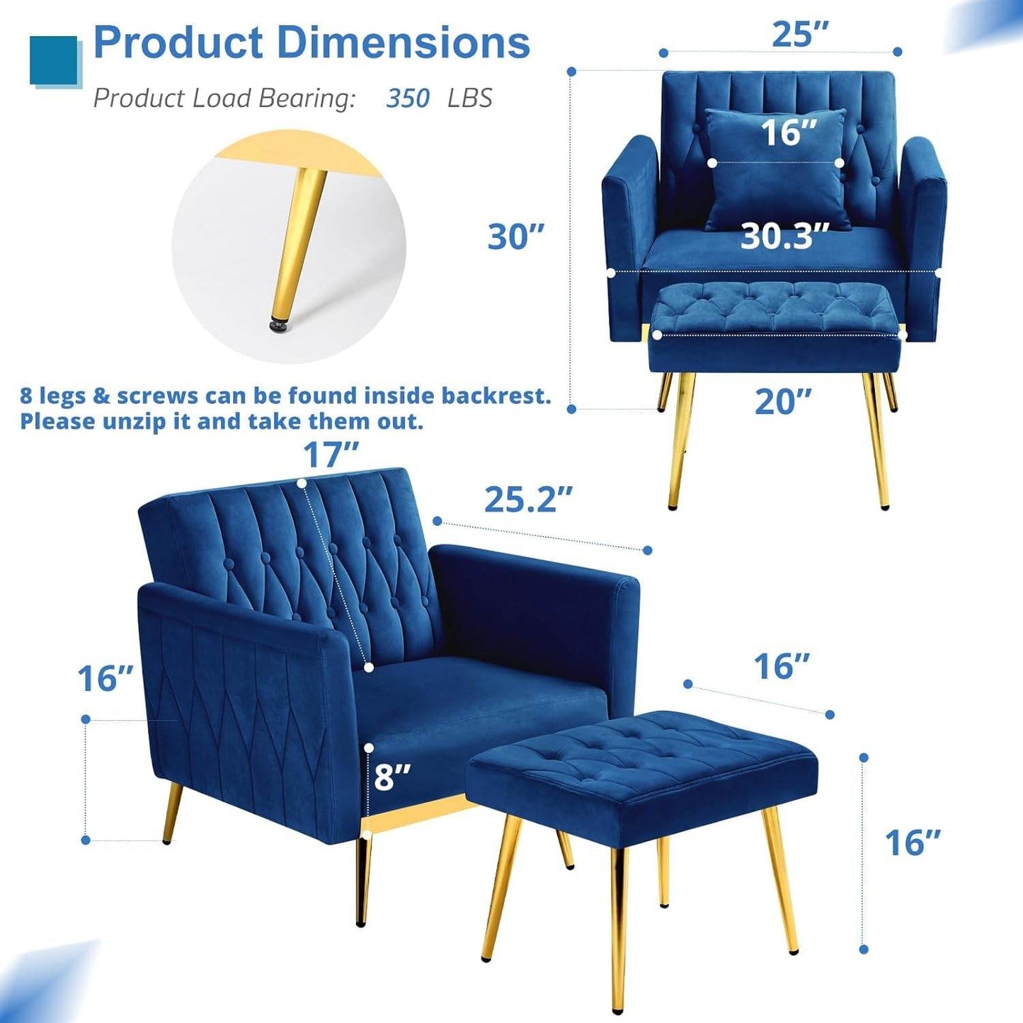 2 Pieces Velvet Futon Sofa Set with Adjustable Backrests and Armrests, 70” Convertible Sofa Bed & Tufted Accent Chair with Ottoman for Living Room, Blue - Loft&Timber