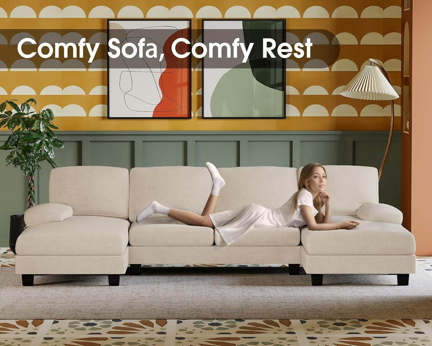 Sectional Couches, 4 Seat Sofa Set with Double Chaise for Apartment (Fabric, White) - Loft&Timber