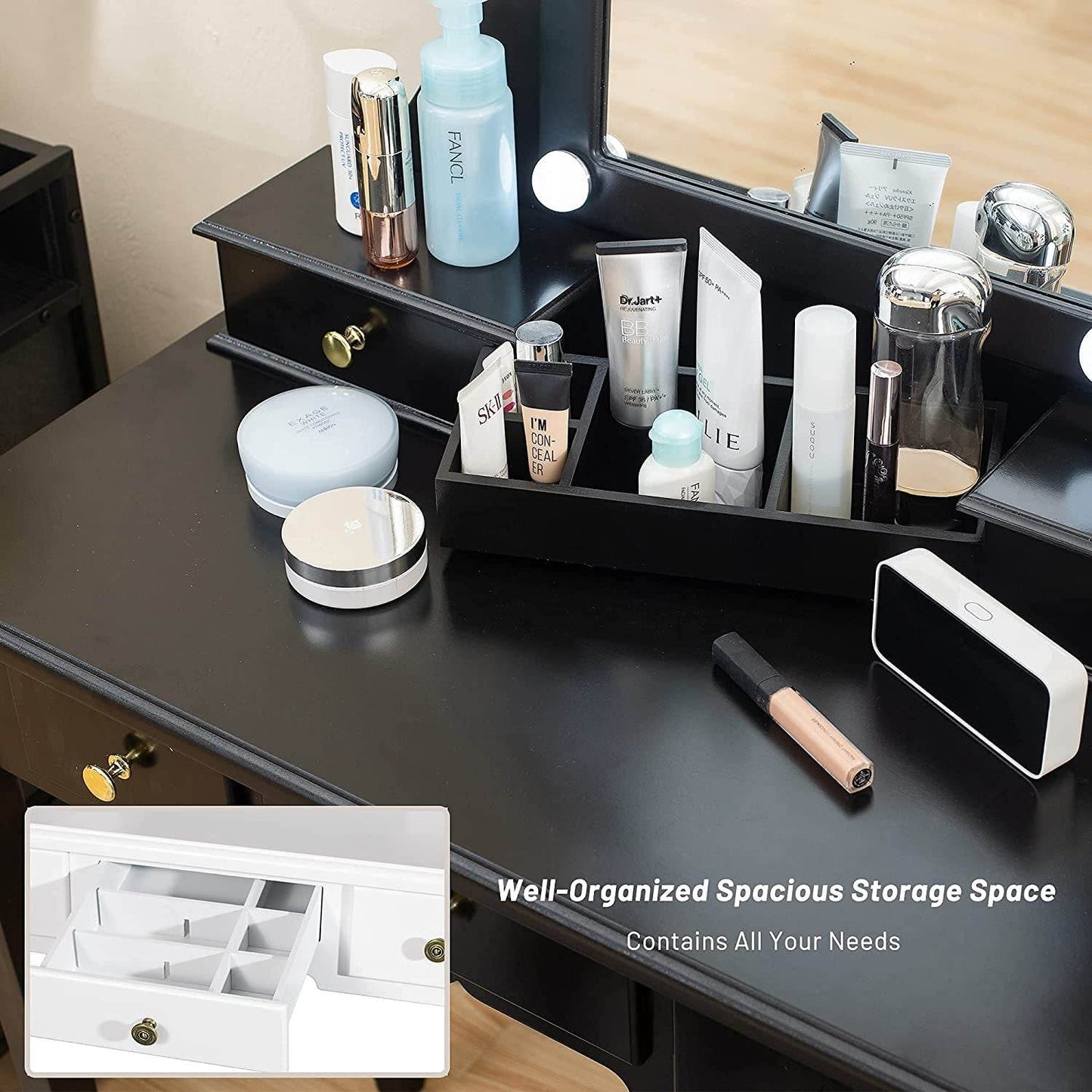 Tri-Fold Makeup Vanity with Lights, Mirror, Stool, 4 Drawers (Black) - Loft&Timber