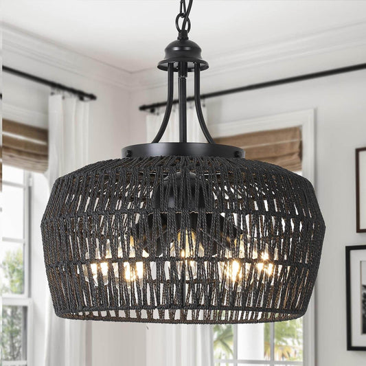 5-Light Black Rattan Chandelier Farmhouse Dining Room - Loft&Timber