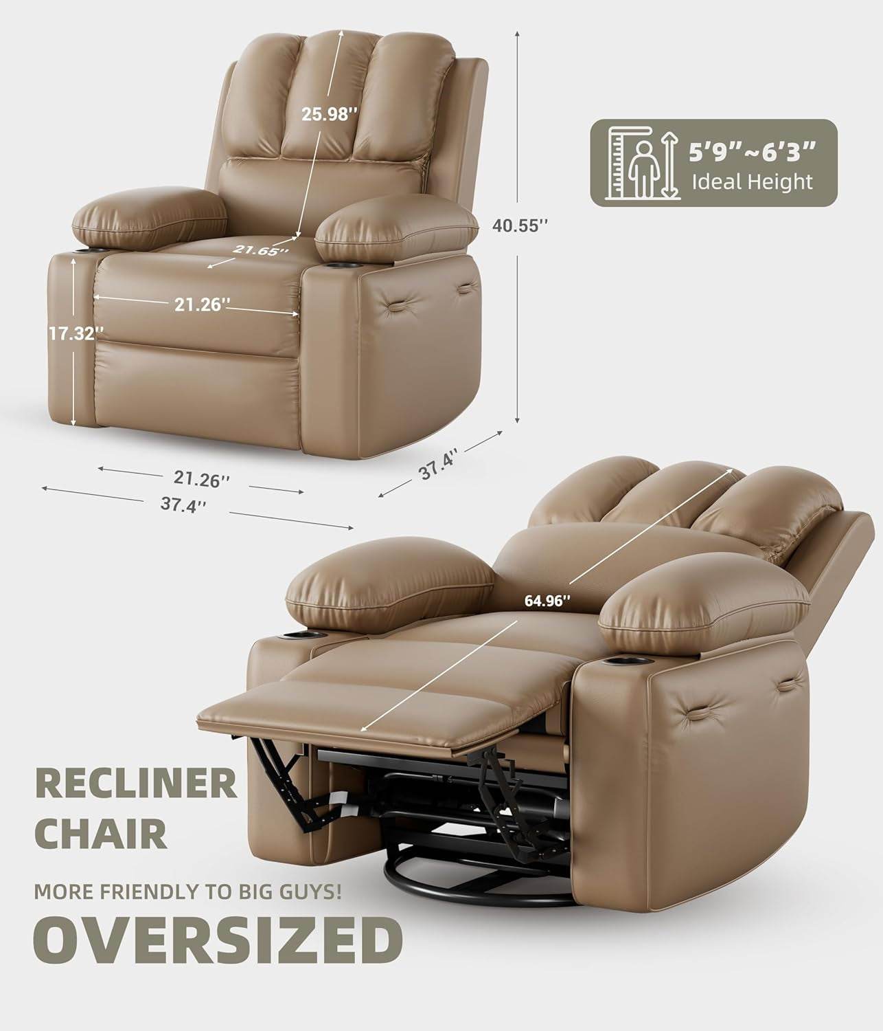 Oversized Electric Recliner Chair - 360° Rocker Swivel Recliner with Heat and Massage, PU Leather Large Recliner for Adults, Comfortable Lazy with 1.5X Sponge Filling for Living Room - Loft&Timber