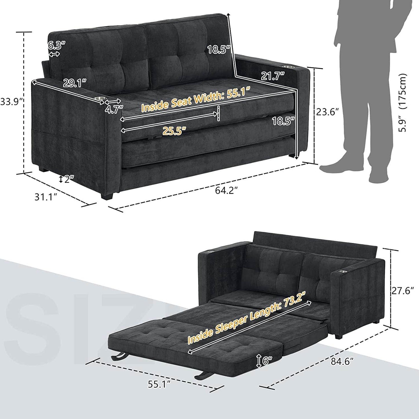 Upgraded Full Size Futon Sofa Bed, Convertible - Loft&Timber