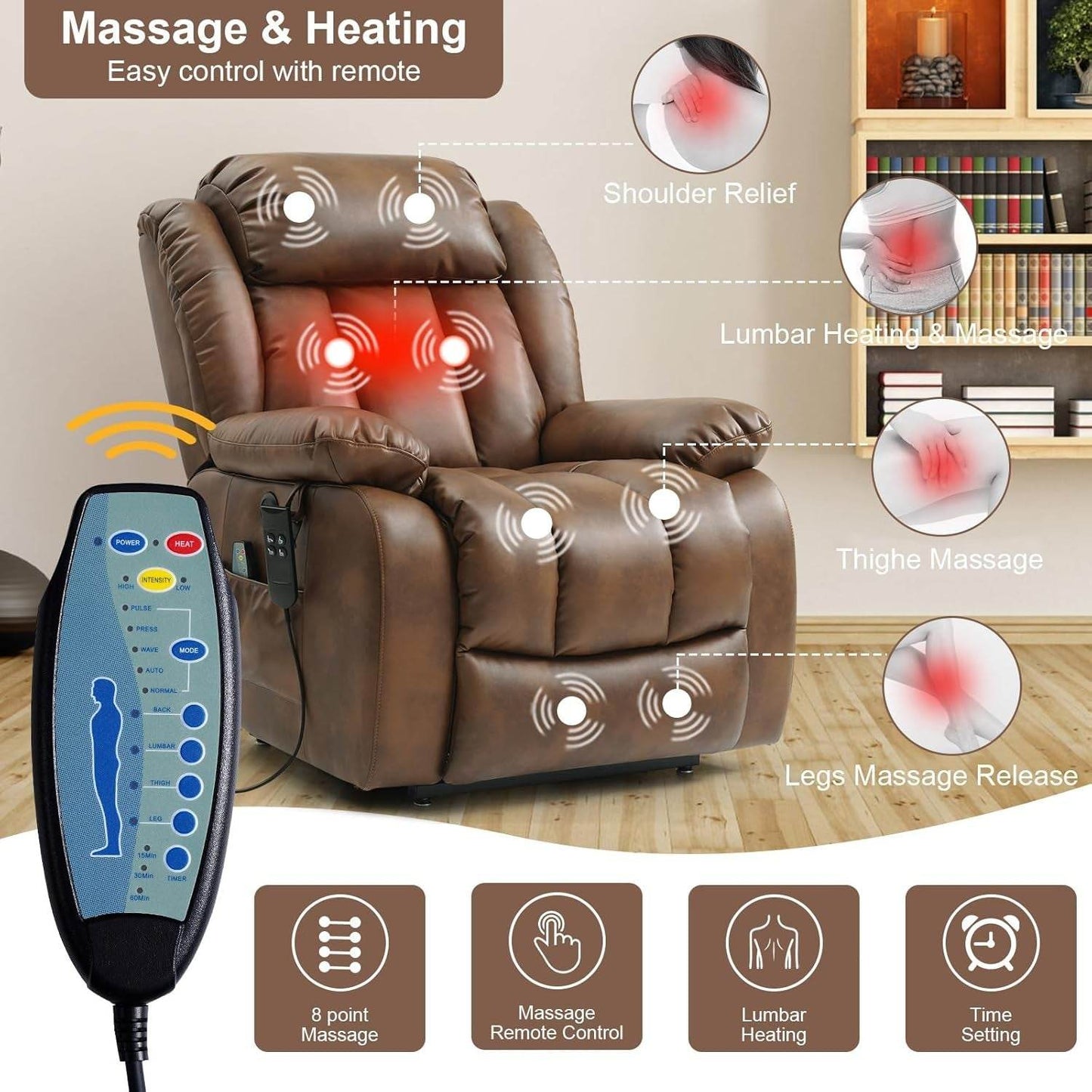 Powerful Dual Motor Lift Recliner Heat Massage Leather - Loft&Timber