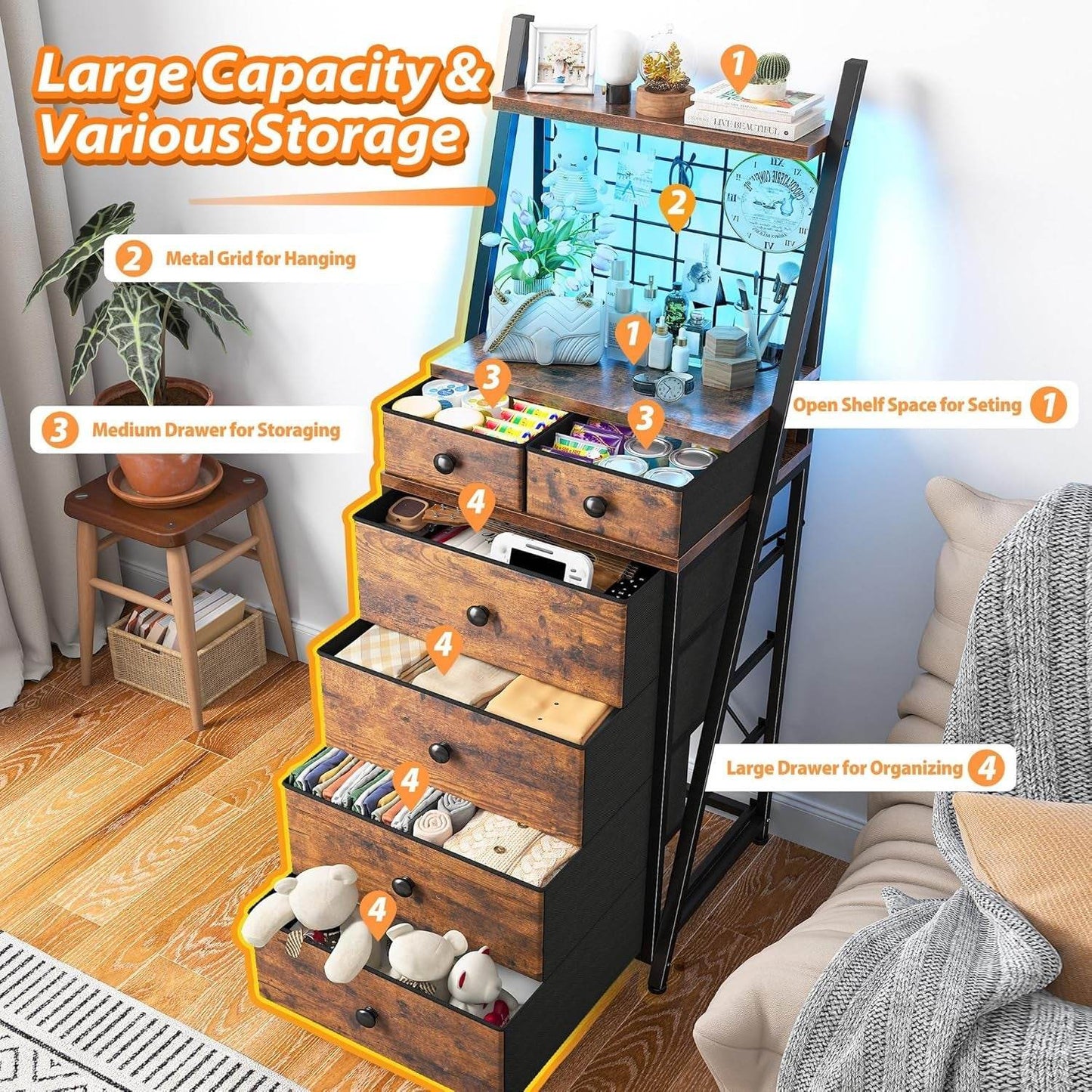Vertical LED Dresser with 6 Drawer, Brown - Loft&Timber
