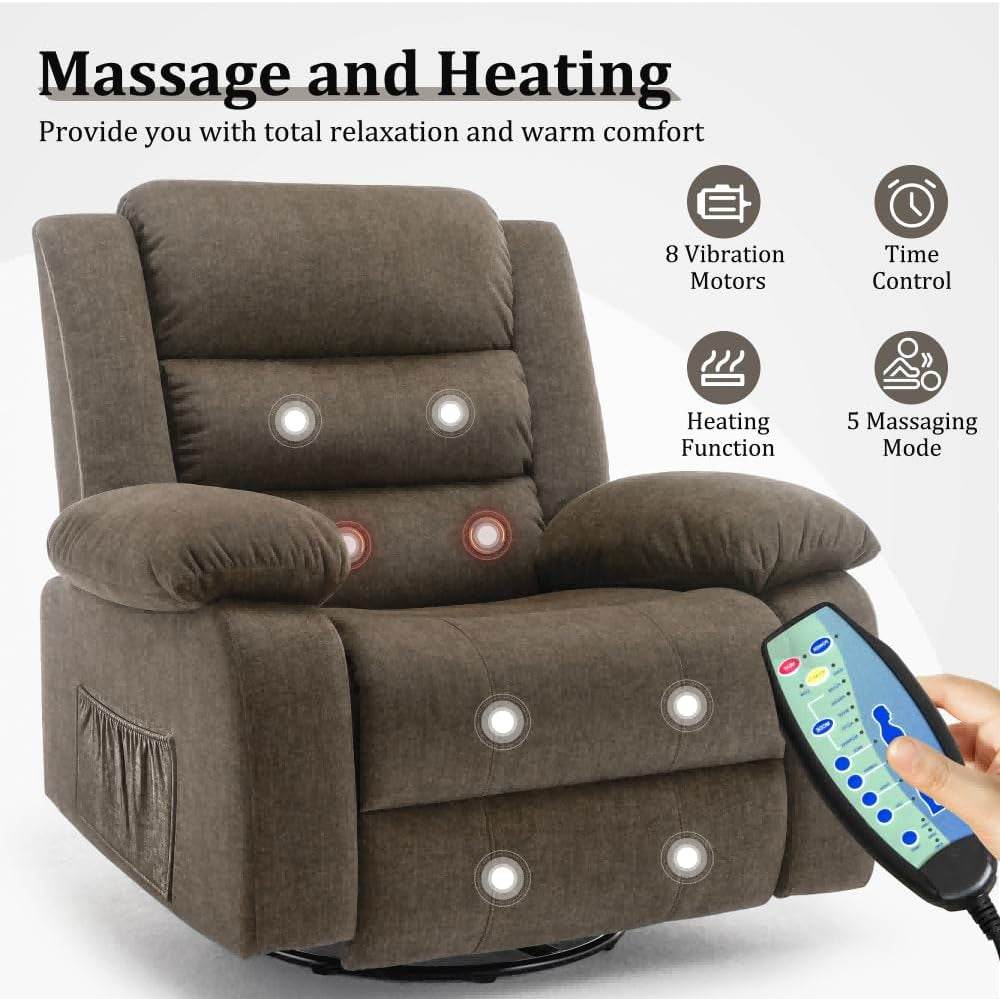 Recliner Chair, Wide Rocker Chair, Rocking Chair with Massage and Heat,360°Swivel Nursery Rocking Chairs, Oversized Recliner for Adults, Cashmere Reclining Sofa for Living Room, Brown - Loft&Timber