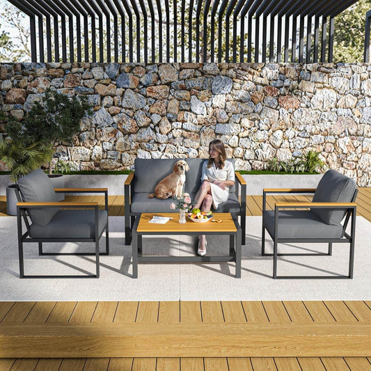 4 Pieces Outdoor Patio Furniture Set, Modern Metal Balcony Furniture with Plastic-Wood Coffee Table, All-Weather Outdoor Furniture Set with Thick Cushion for Balcony, Porch, Gray - Loft&Timber