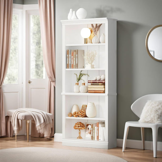 White 5 Tier Tall Bookcase Large Storage-0
