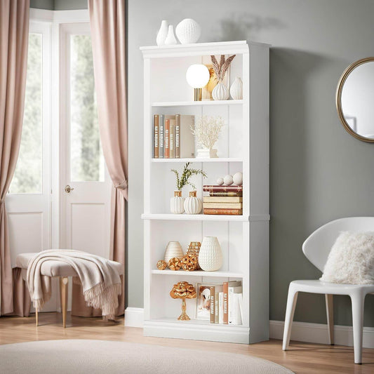 White 5 Tier Tall Bookcase Large Storage - Loft&Timber