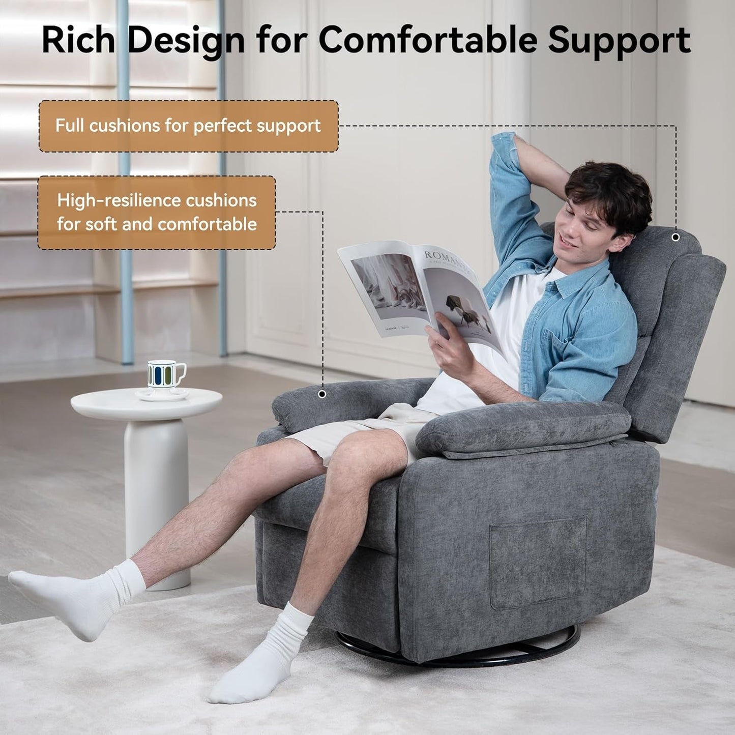 Grey Swivel Rocker Recliner Chair With Adjustable Backrest-2