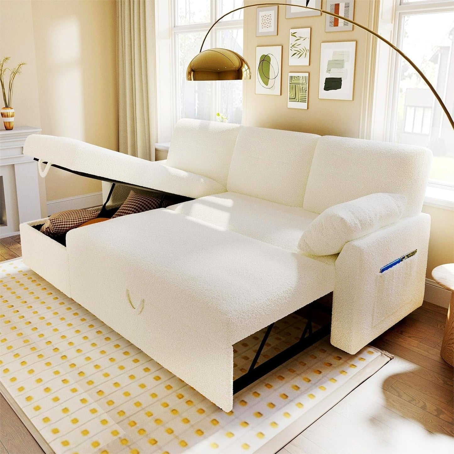 Sleeper Sofa, Sofa Bed- 2 in 1 Pull Out Couch Bed with Storage Chaise for Living Room, Sofa Sleeper with Pull Out Bed, White Boucle Couch-0