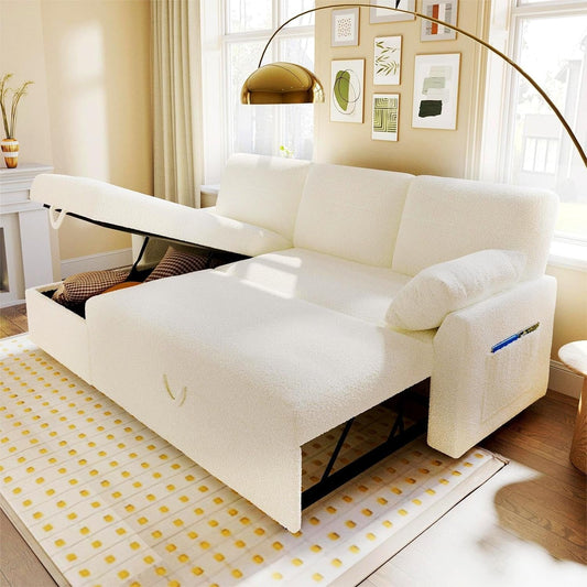 Sleeper Sofa, Sofa Bed- 2 in 1 Pull Out Couch Bed with Storage Chaise for Living Room, Sofa Sleeper with Pull Out Bed, White Boucle Couch-0