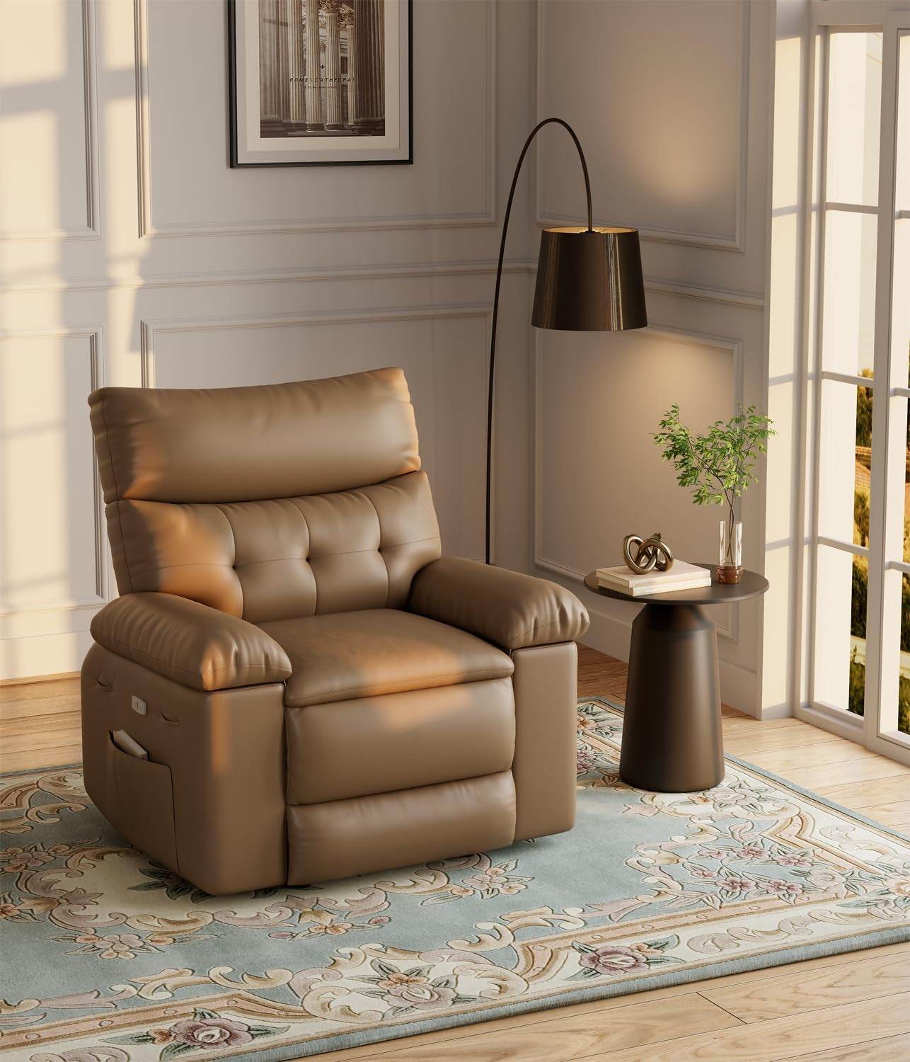 Oversized Recliner Chair for Adults,Pu Leather Electric Rocker Recliner,360 Degree Swivel Lounge Chair with Side Pocket,Modern Massage Recliner Chair Sofa for Living Room,Bedroom (Light Brown) - Loft&Timber