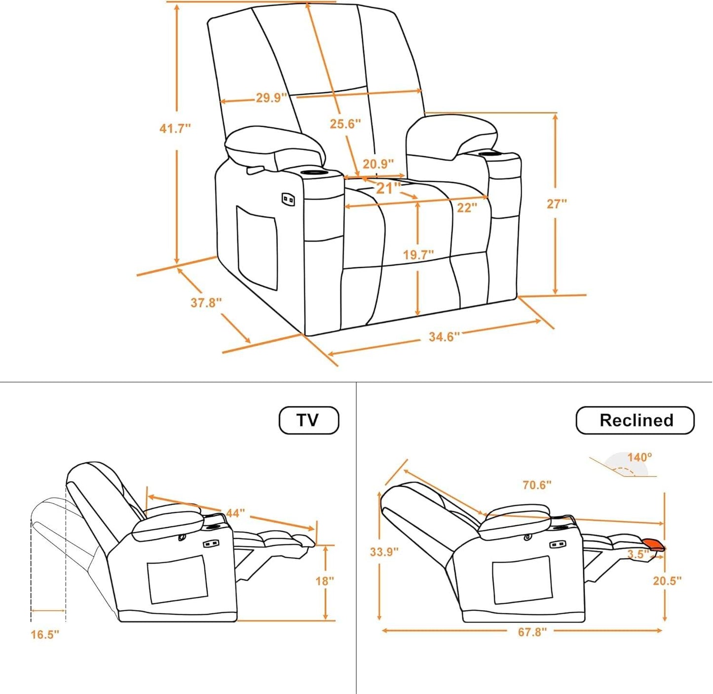 Fabric Electric Power Recliner Chair with Heat and Vibration, Cup Holders, USB Ports, Powered Reclining for Living Room 8015 (Burgundy, Single Recliner) - Loft&Timber