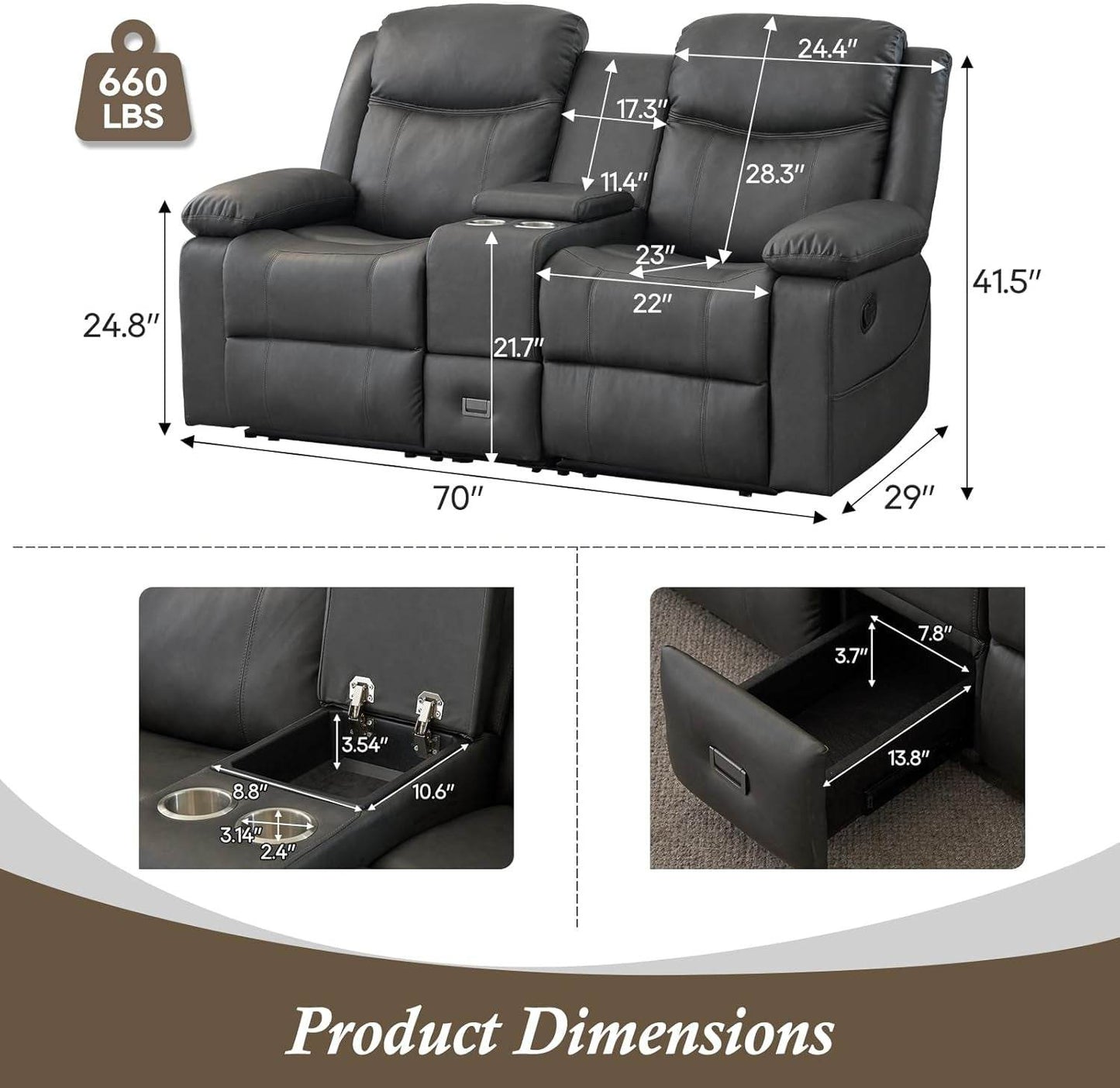 Loveseat Recliner, Reclining Loveseat with Console, Double Reclining Loveseat, 2 Seater Manual Reclining Couch for Living Room, Office, Home Theater(Pu-Grey) - Loft&Timber