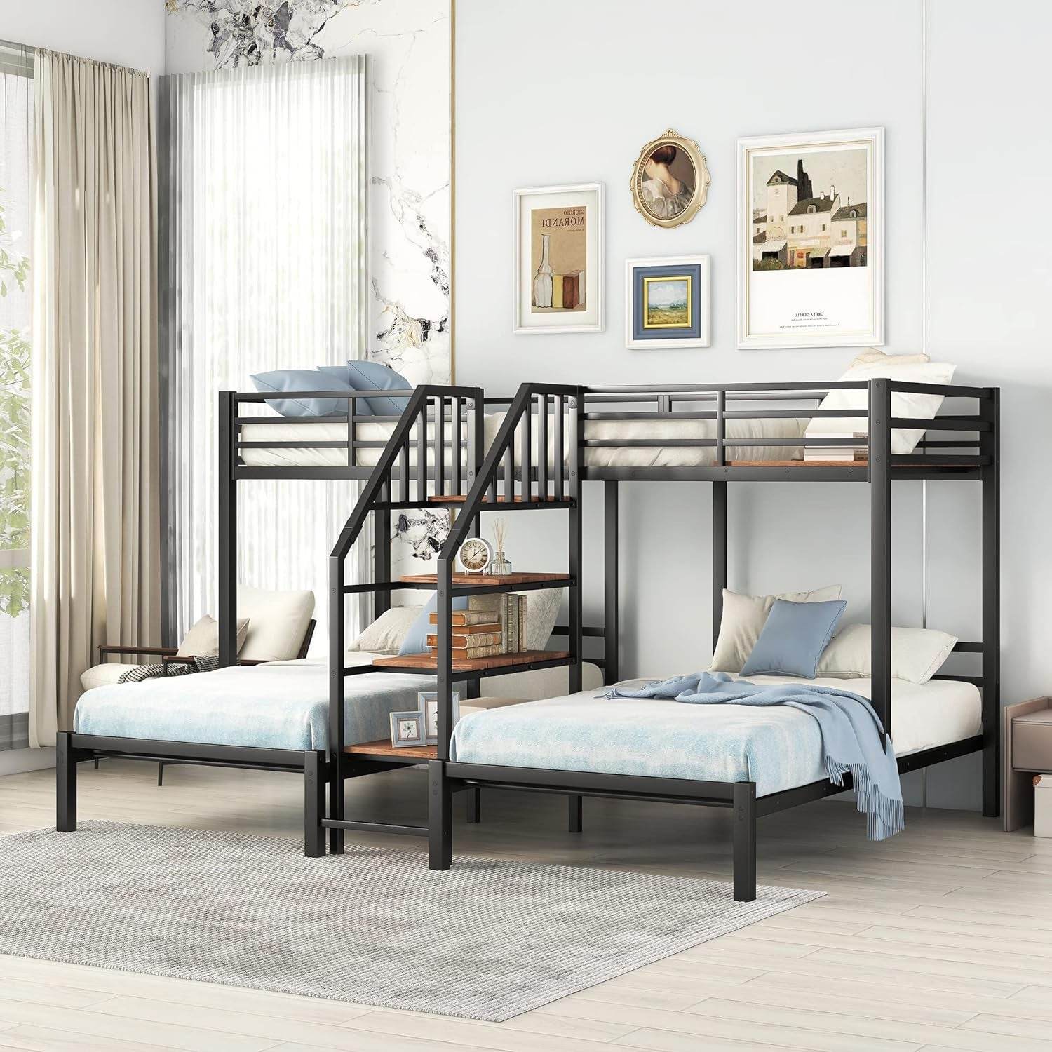 Metal Triple Bunk Bed with Stairs, 3 Beds Bunk Bed, Twin over Twin & Twin Bunk Bed with Storage Shelves Staircase, for Kids Teens Adults, Black - Loft&Timber