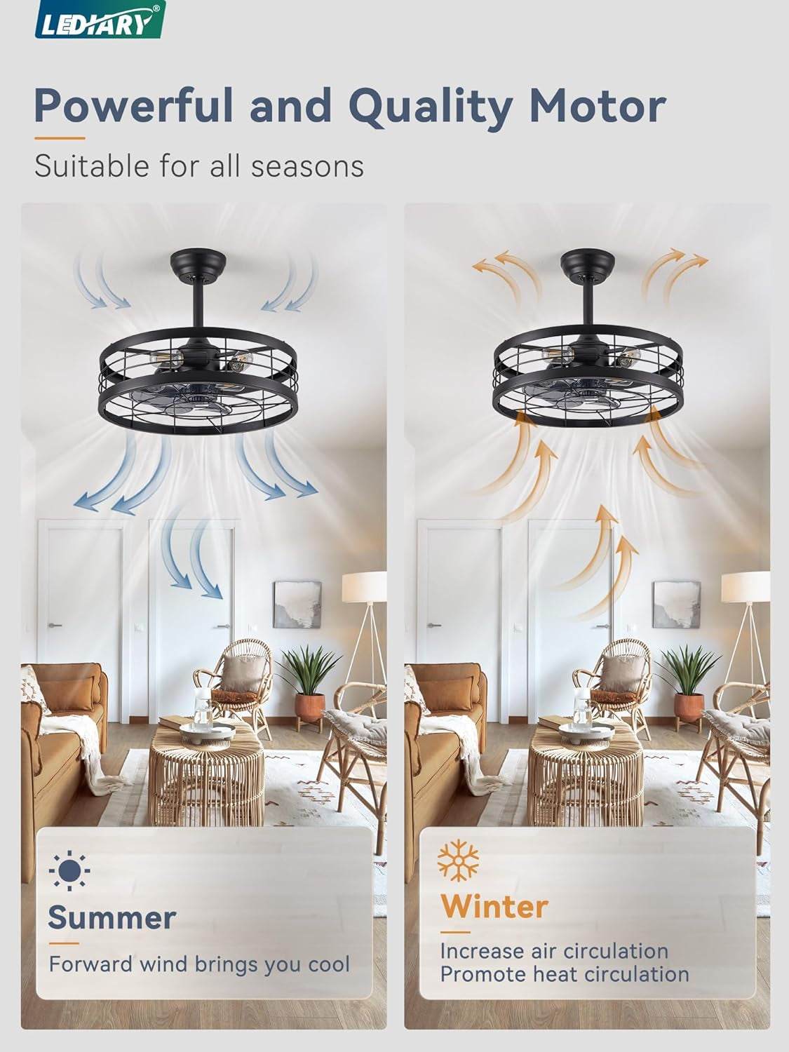 20 Inch Fandelier Caged Ceiling Fan with Light, Bladeless Ceiling Fan with Remote, Farmhouse Fan Lights Ceiling Fixtures for Kitchen, Bedroom, Outdoor(6 Speed, Timing)-Black - Loft&Timber