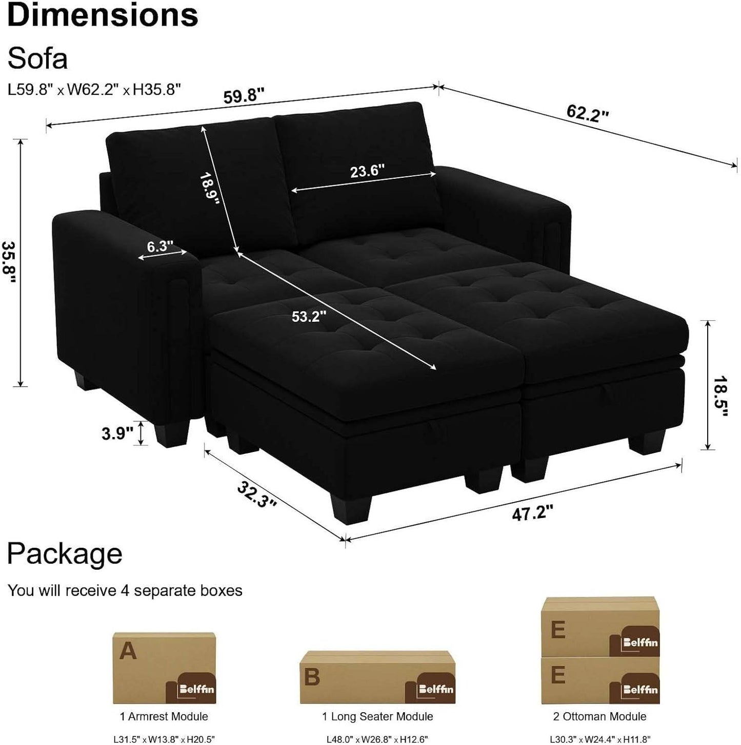 Velvet Modular Sectional Sofa Couch with Storage Convertible Sectional Sleeper Sofa Couch Bed Set with Reversible Chaise Black - Loft&Timber