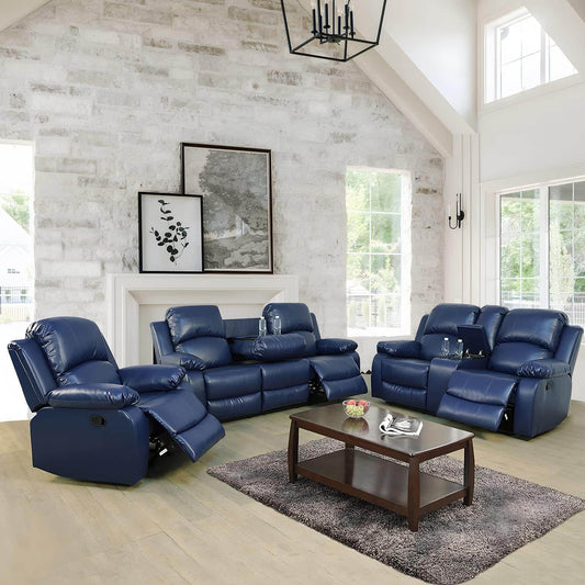 Manual Leather Recliner Sofa Set for Living Room Furniture Set for 3-Pieces(Sofa+Loveseat+Chair) Blue - Loft&Timber