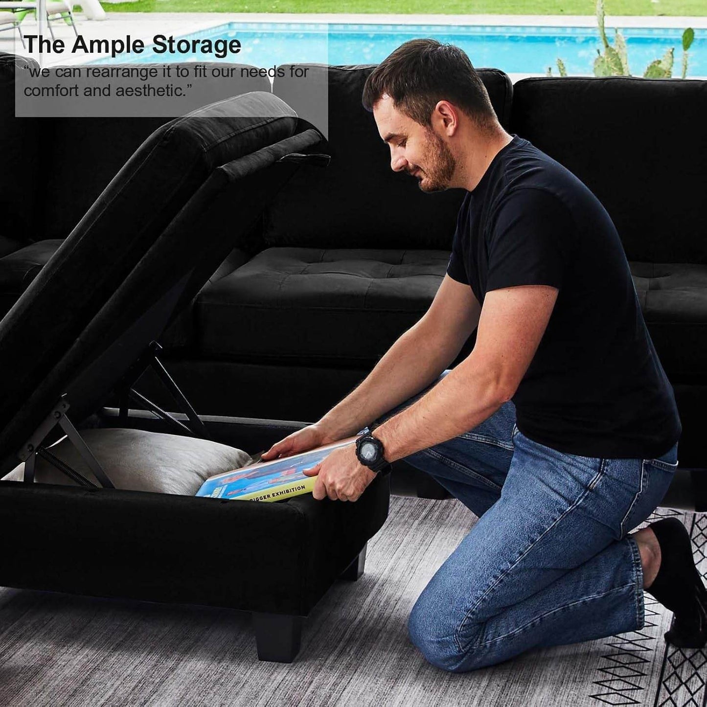 Velvet Modular Sectional Sofa Couch with Storage Convertible Sectional Sleeper Sofa Couch Bed Set with Reversible Chaise Black - Loft&Timber