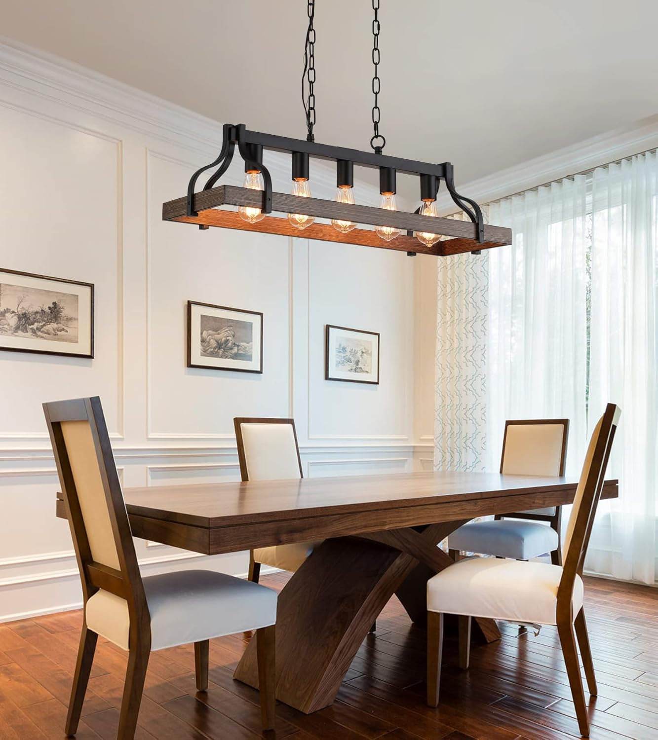 Rustic Kitchen Island Dining Room Light Fixture Farmhouse Linear Chandelier Black and Retro Wood Finish 5-Light Industrial Metal Hanging Pendant Light UL Listed L33.5 W10.6 - Loft&Timber