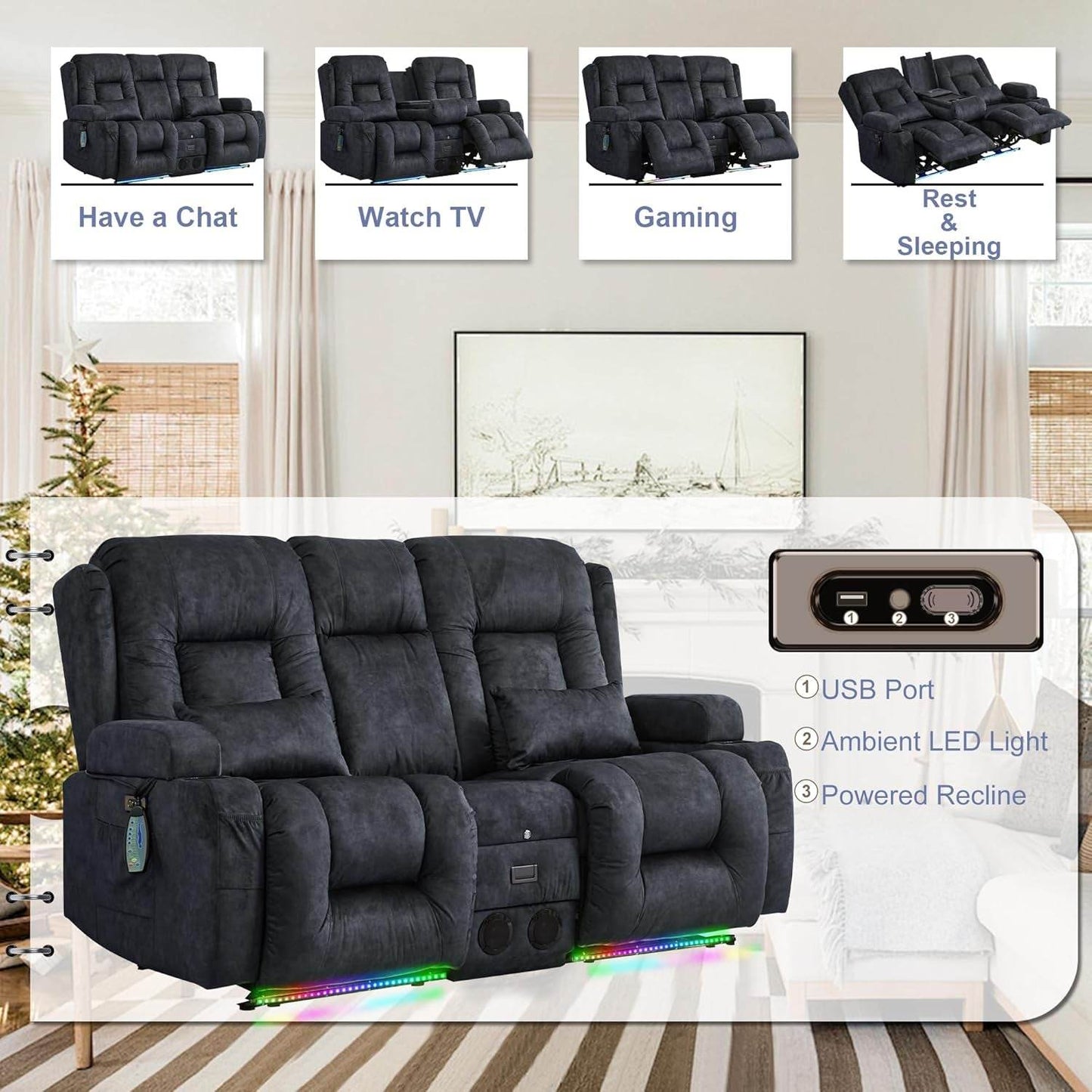 Power Loveseat Recliner Sofa with Massage & Heat (Velvet, Grey) - Loft&Timber