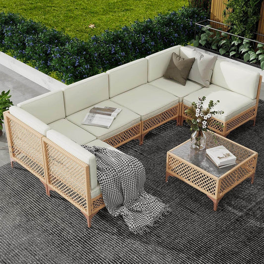 Outdoor Wicker Sectional Sofa Set with Tempered Glass Table - Loft&Timber