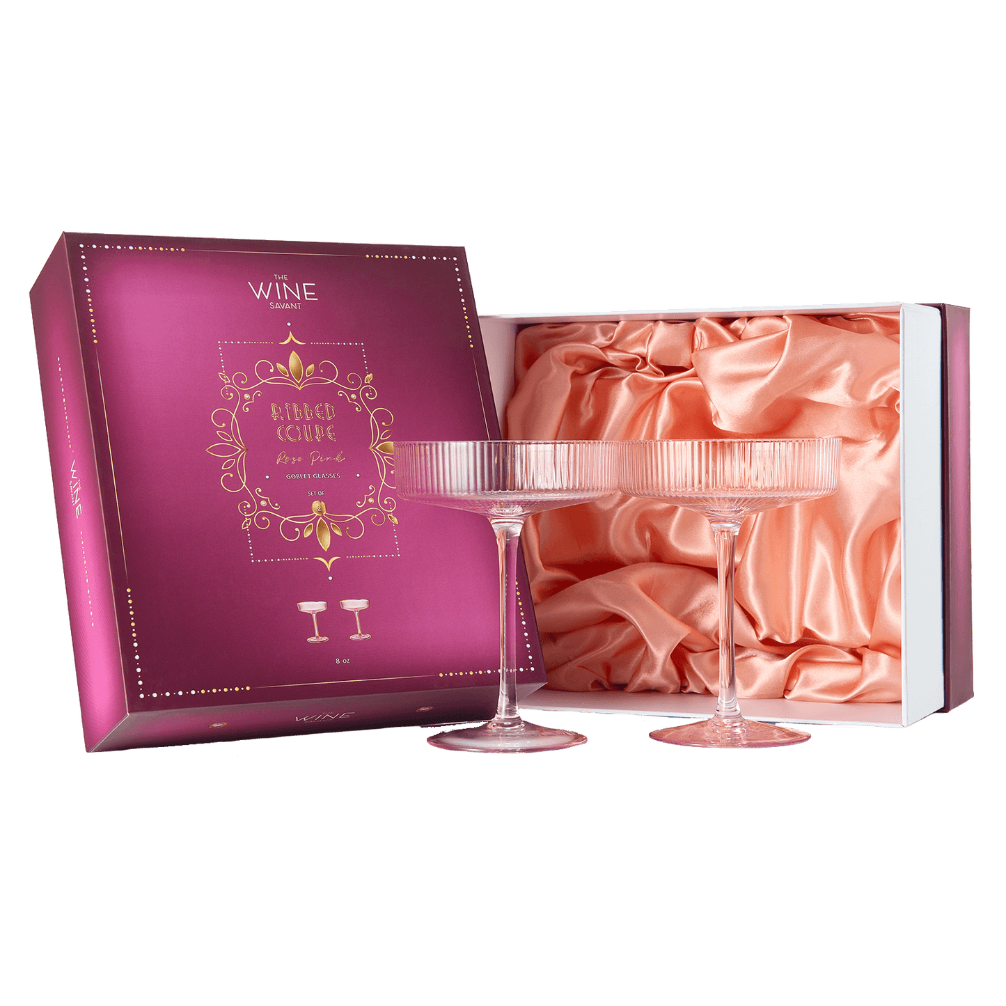 The Wine Savant Ribbed Coupe Cocktail Glasses 8 oz | Set of 2 | Classic Manhattan Glasses For Cocktails, Champagne Coupe, Ripple Coupe Glasses, Art Deco Gatsby Vintage, Crystal with Stems (Rose Pink) - Loft&Timber