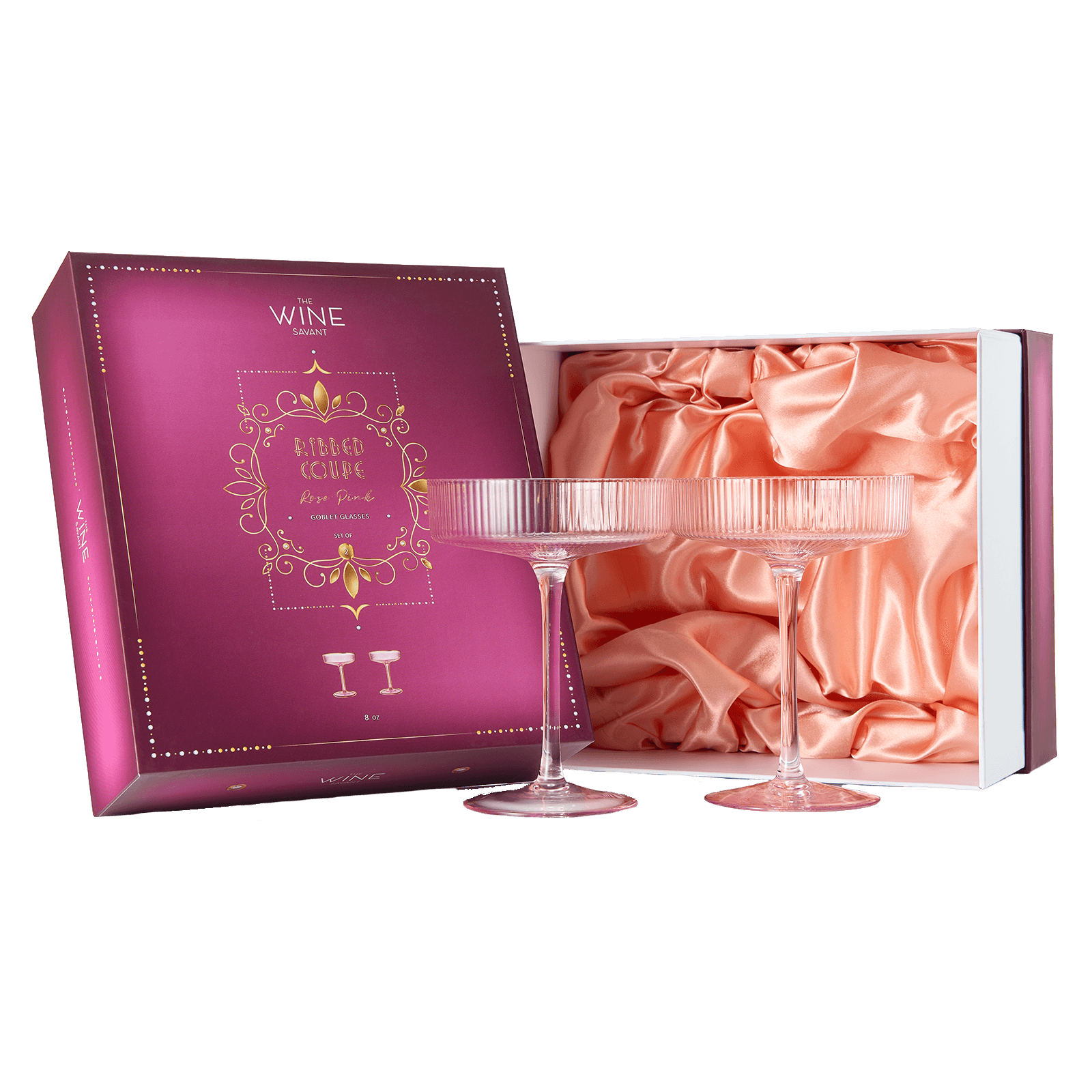 The Wine Savant Ribbed Coupe Cocktail Glasses 8 oz | Set of 2 | Classic Manhattan Glasses For Cocktails, Champagne Coupe, Ripple Coupe Glasses, Art Deco Gatsby Vintage, Crystal with Stems (Rose Pink) - Loft&Timber