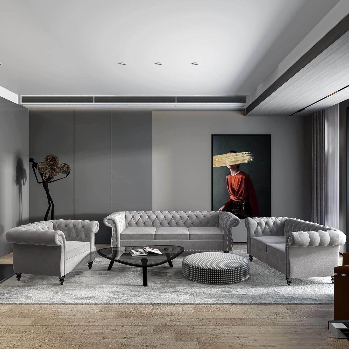 3-Piece Living Room Sectional Sofa Set, Upholstered Sofa Modern Sofa Couches Set Style Button Tufted, Velvet Chesterfield Sofa for Living Room Apartment, 1+2+3 Seat Grey - Loft&Timber