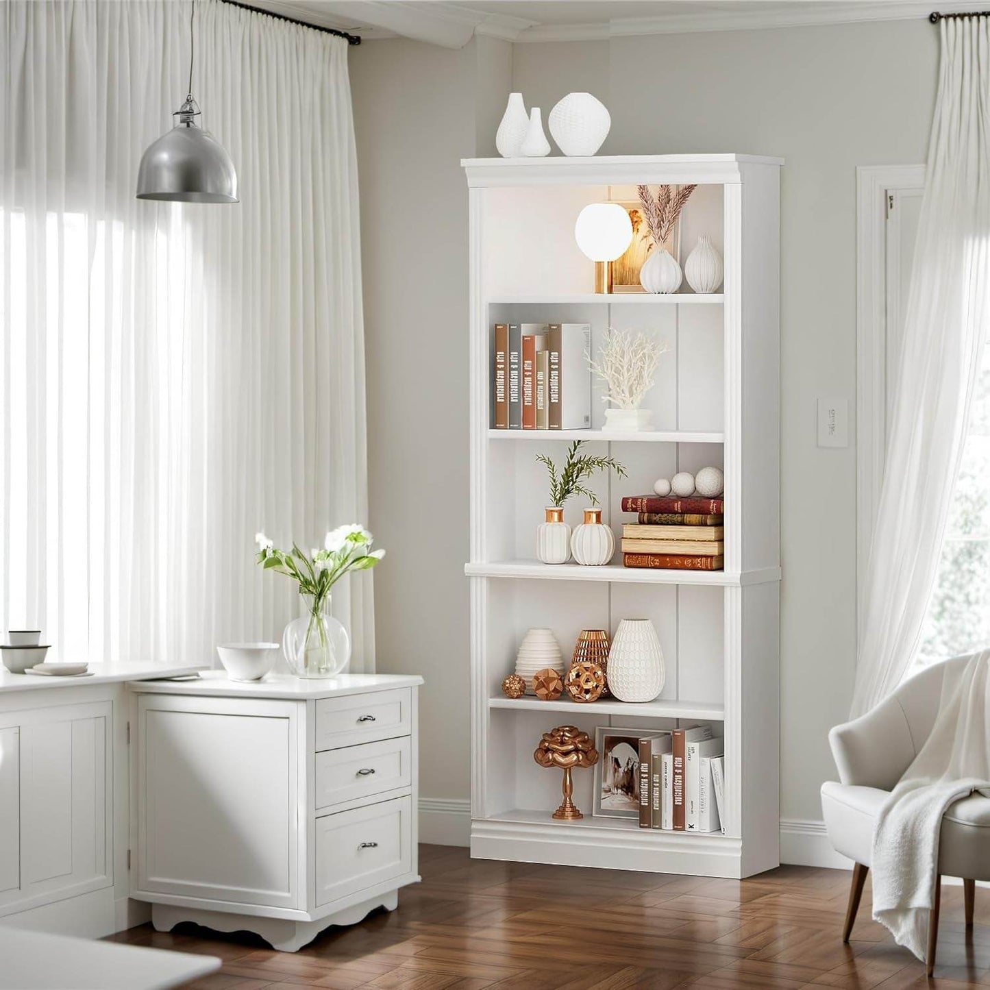 White 5 Tier Tall Bookcase Large Storage - Loft&Timber