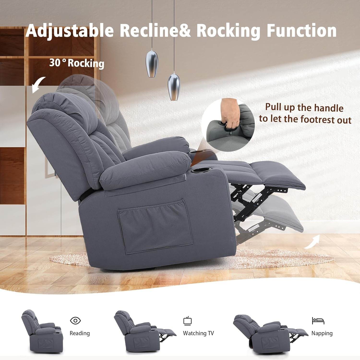 Rocker Swivel Recliner Chair, Overstuffed Large Manual Recliner (Technical Grey) - Loft&Timber