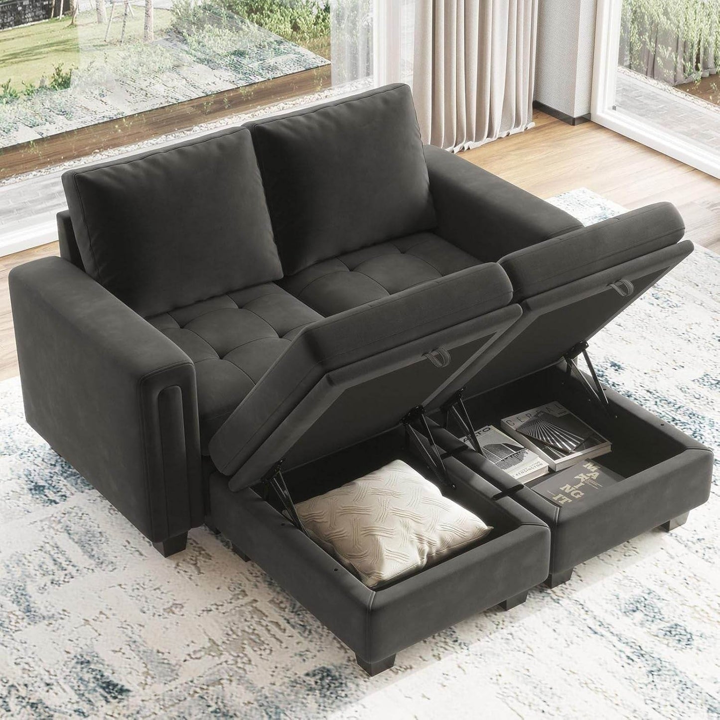 Velvet Modular Sectional Sofa Couch with Storage Convertible Sectional Sleeper Sofa Couch Bed Set with Reversible Chaise Grey - Loft&Timber