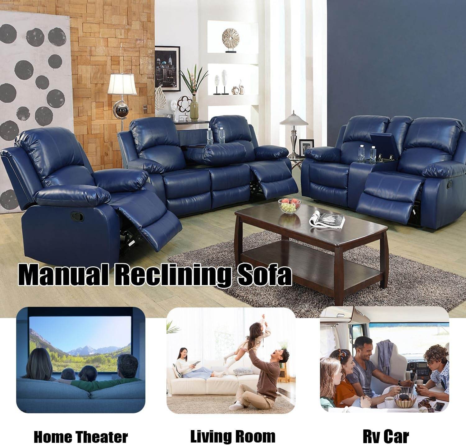 Blue Leather Reclining Sofa Set Faux Leather - Loft&Timber