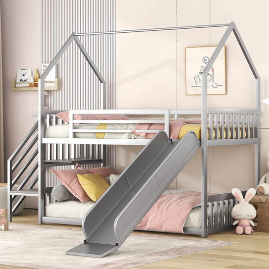 Twin over Twin Bunk Bed with Slide and Storage Stairs, Heavy Duty Bunk Bed/House Bunk Bed Twin over Twin, Twin Floor Bunk Beds for Kids, Girls, Boys(Twin over Twin Sliver) - Loft&Timber