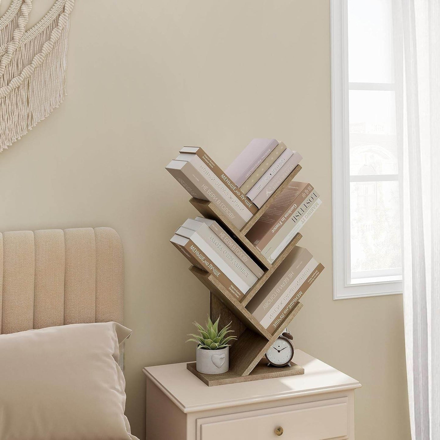 4 Tier Tree Bookshelf, 4 Shelf Bookcase, Modern Book Storage, Free Standing Tree Bookcase, Utility Organizer Shelves for Home Office, Living Room, Bedroom, Greige - Loft&Timber
