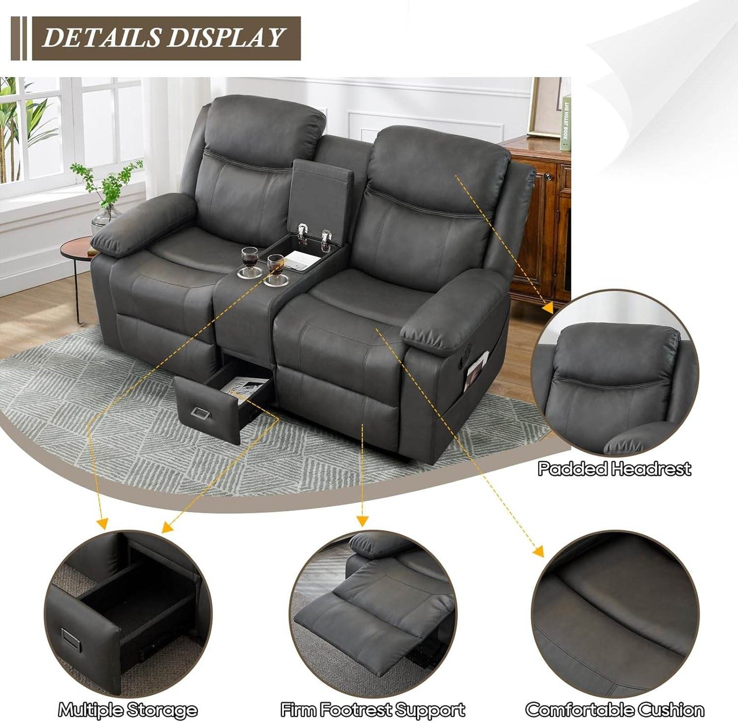 Loveseat Recliner, Reclining Loveseat with Console, Double Reclining Loveseat, 2 Seater Manual Reclining Couch for Living Room, Office, Home Theater(Pu-Grey) - Loft&Timber
