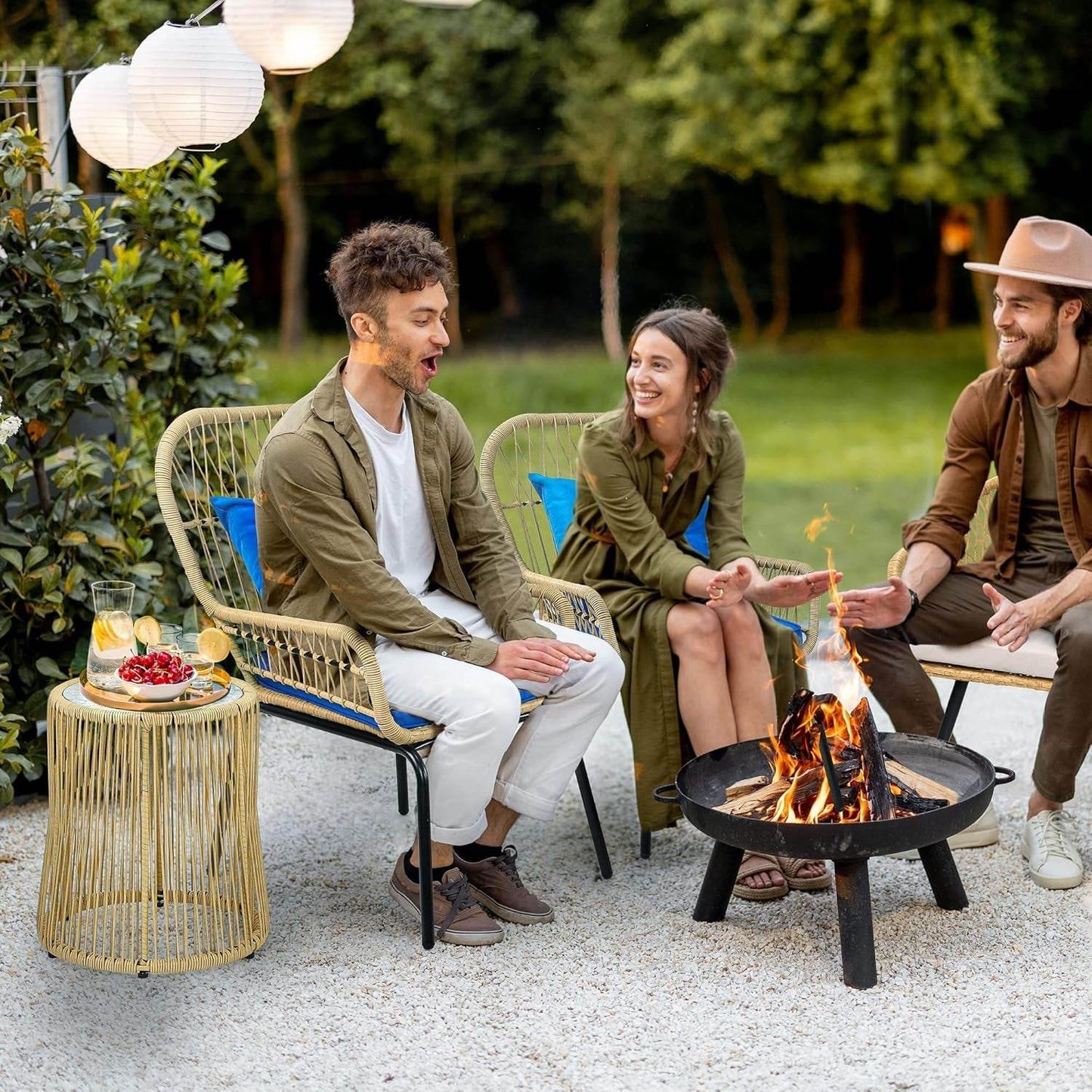 3-Piece Outdoor Patio Furniture Wicker Bistro Set, All-Weather Rattan Conversation Chairs for Backyard, Balcony and Deck with Soft Cushions, Glass Side Table (Light Brown+Navy Blue) - Loft&Timber