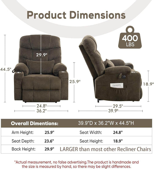 Large Dual Motor Lay Flat Power Lift Recliner Chair with Massage, Heating, Lumbar Pillow, USB & Type-C Ports, Textile Lift Chairs Recliners, Oversized Recliner for Big & Elderly People - Brown - Loft&Timber