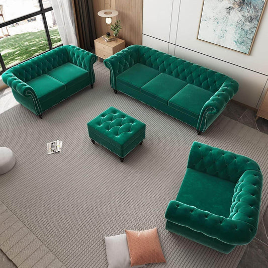 3-Piece Living Room Sectional Sofa Set, Green Velvet Couch Upholstered Sofa Modern Sofa Couches Set Style Button Tufted, Velvet Chesterfield Sofa for Living Room Apartment, 1+2+3 Seat Green - Loft&Timber