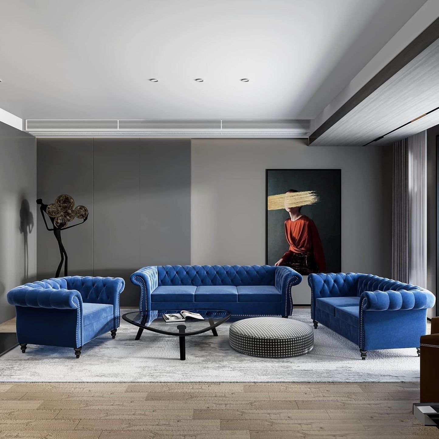 3-Piece Living Room Sectional Sofa Set, Blue Couch Upholstered Sofa Modern Sofa Couches Set Style Button Tufted, Velvet Chesterfield Sofa for Living Room Apartment, 1+2+3 Seat Blue - Loft&Timber