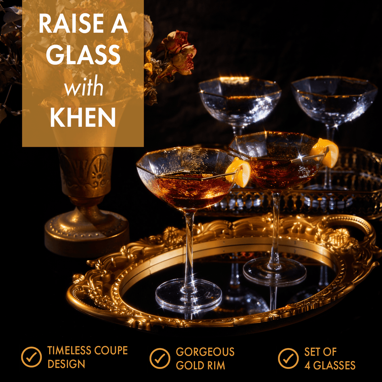 Vintage Crystal Champagne Coupe Gold Rim Hexagonal Angled Glasses | Set of 4 | 6 oz, Art Deco Rim Classic Cocktail Glassware - Martini, Cosmopolitan, Sidecar, Daiquiri | 1920s Style Saucer Goblets - Loft&Timber