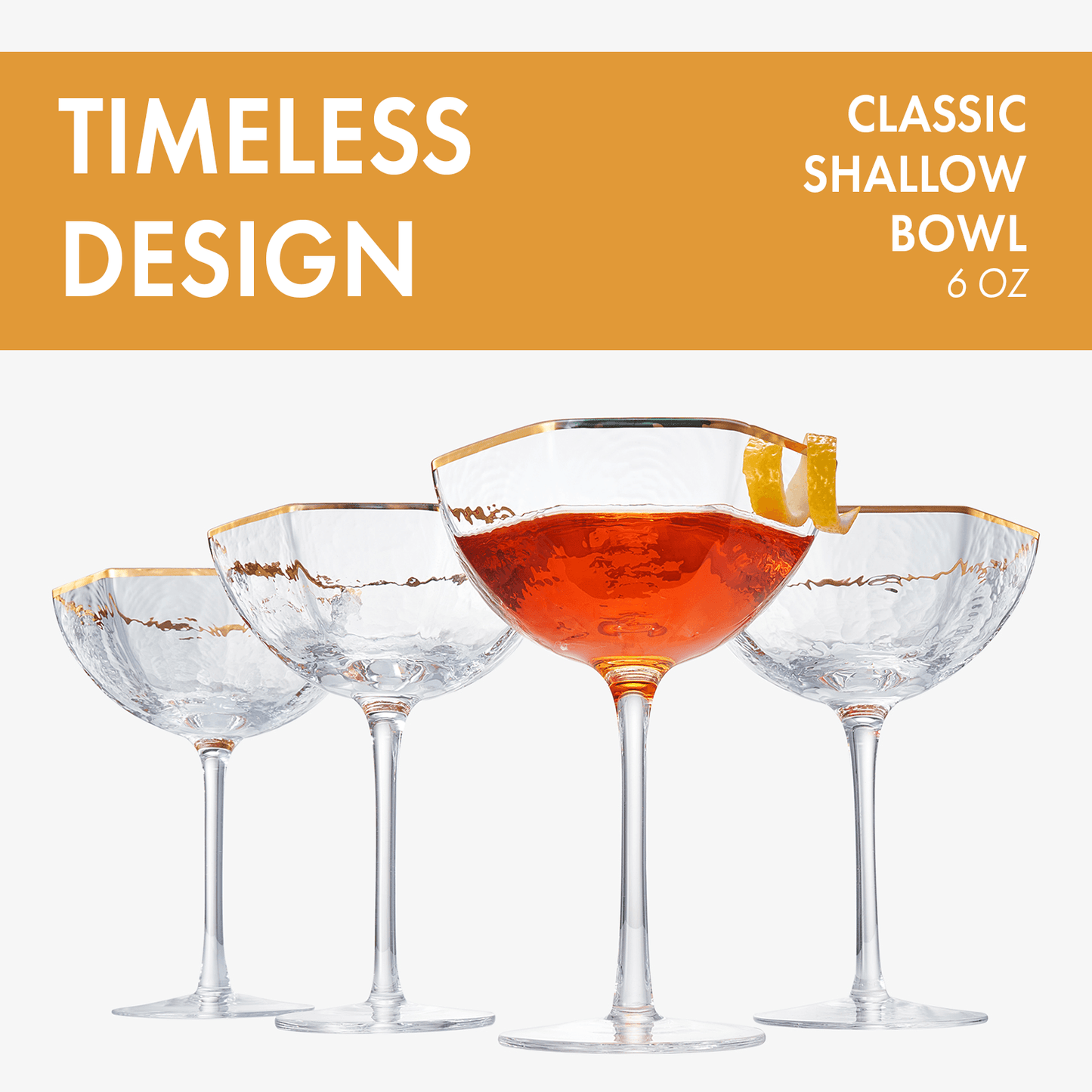 Vintage Crystal Champagne Coupe Gold Rim Hexagonal Angled Glasses | Set of 4 | 6 oz, Art Deco Rim Classic Cocktail Glassware - Martini, Cosmopolitan, Sidecar, Daiquiri | 1920s Style Saucer Goblets - Loft&Timber